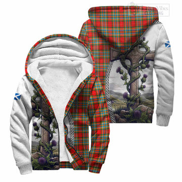 Chattan Tartan Sherpa Hoodie with Family Crest and St. Andrew's Cross Accented by Thistle Vines
