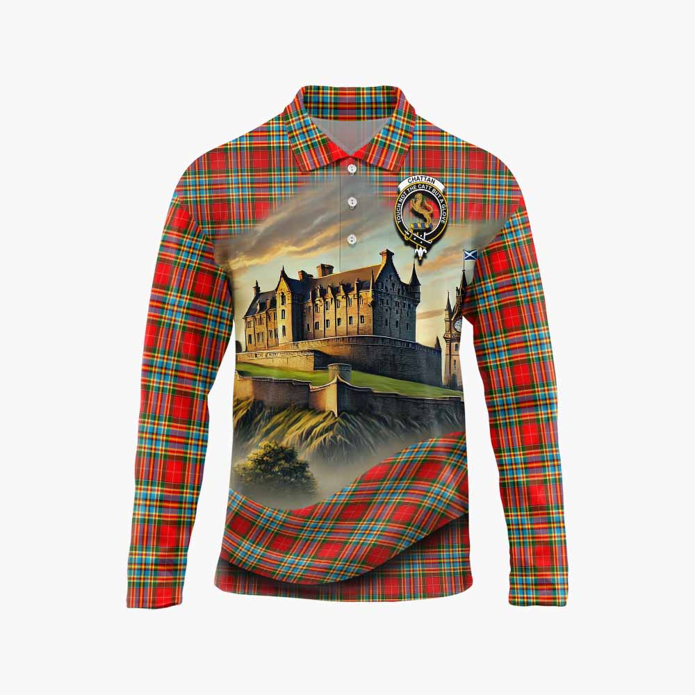 Tartan Vibes Clothing Chattan Tartan Family Crest Long Sleeve Polo Shirt with Scottish Ancient Castle Style