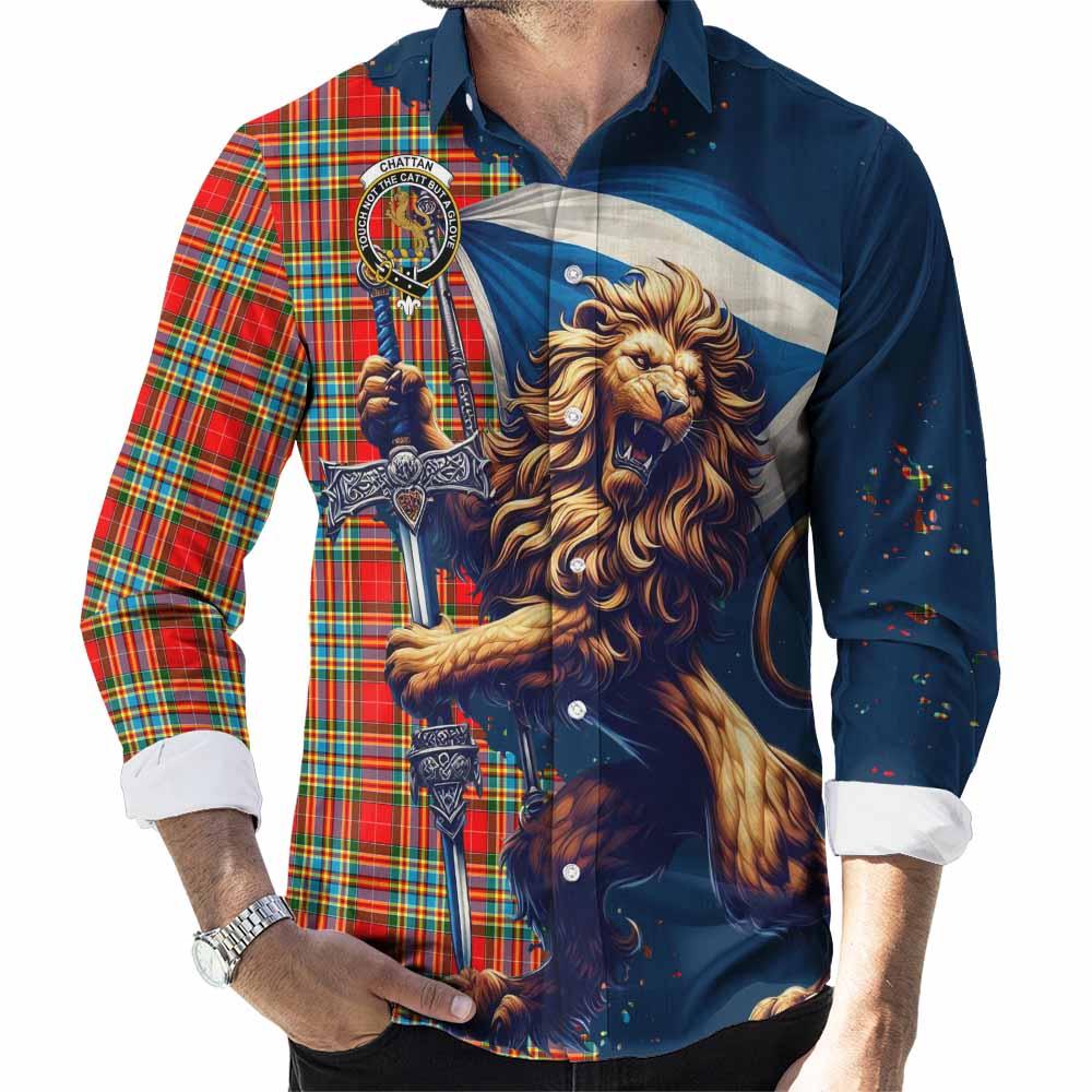 Tartan Vibes Clothing Chattan Tartan Family Crest Long Sleeve Button Shirt with Scottish Majestic Lion