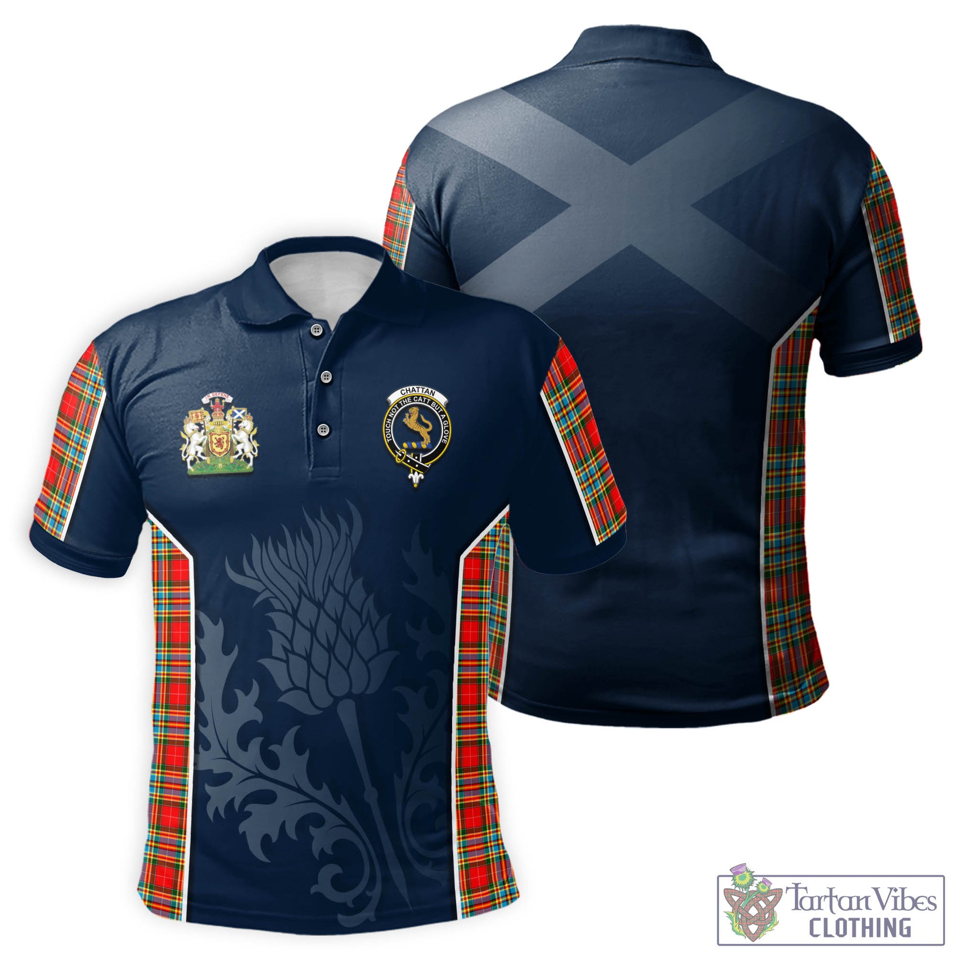 Tartan Vibes Clothing Chattan Tartan Men's Polo Shirt with Family Crest and Scottish Thistle Vibes Sport Style