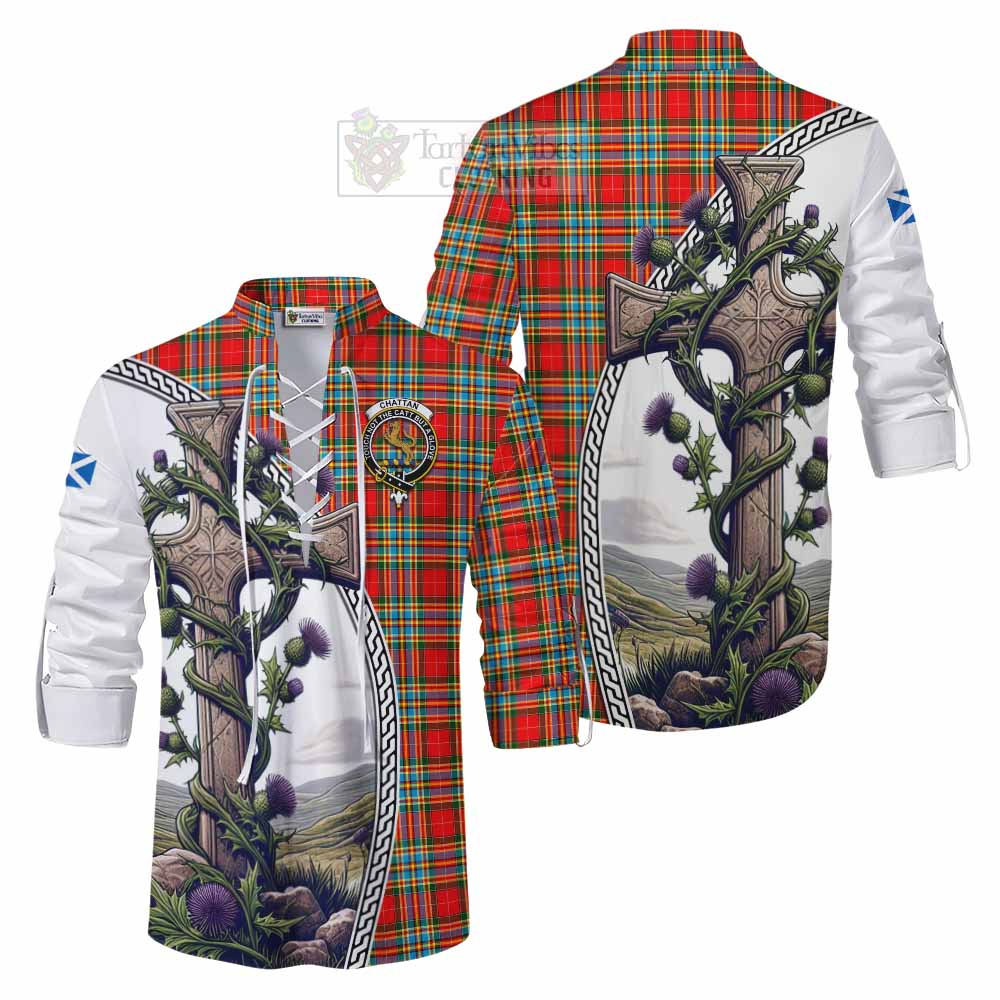 Tartan Vibes Clothing Chattan Tartan Ghillie Kilt Shirt with Family Crest and St. Andrew's Cross Accented by Thistle Vines