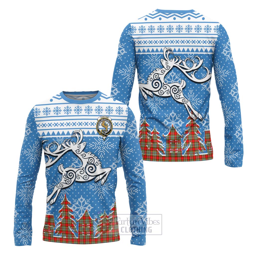Tartan Vibes Clothing Chattan Clan Christmas Long Sleeve T-Shirt Celtic Reindeer Style