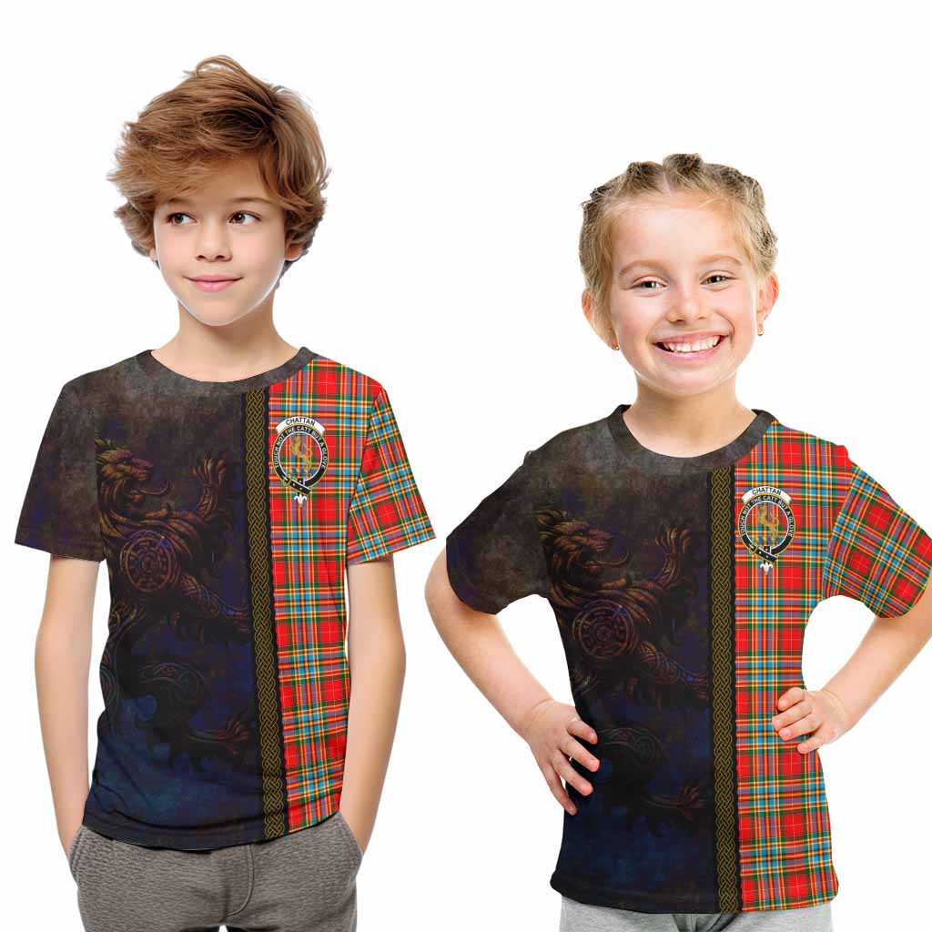 Tartan Vibes Clothing Chattan Tartan Family Crest Kid T-Shirt Alba Gu Brath Be Brave Lion Ancient Style