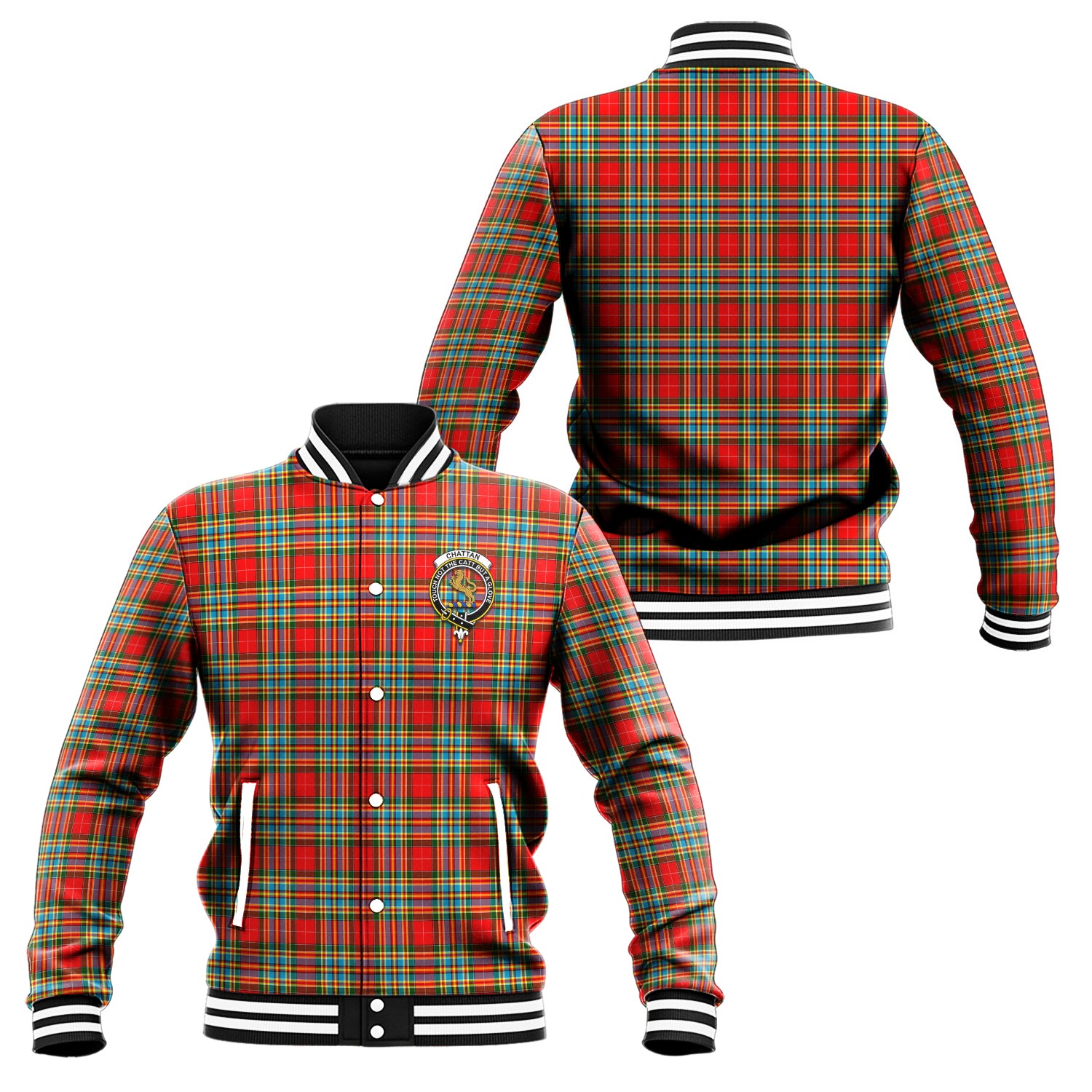 Chattan Tartan Baseball Jacket with Family Crest Unisex - Tartan Vibes Clothing