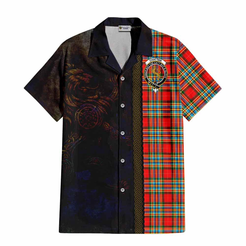 Tartan Vibes Clothing Chattan Tartan Family Crest Short Sleeve Button Shirt Alba Gu Brath Be Brave Lion Ancient Style