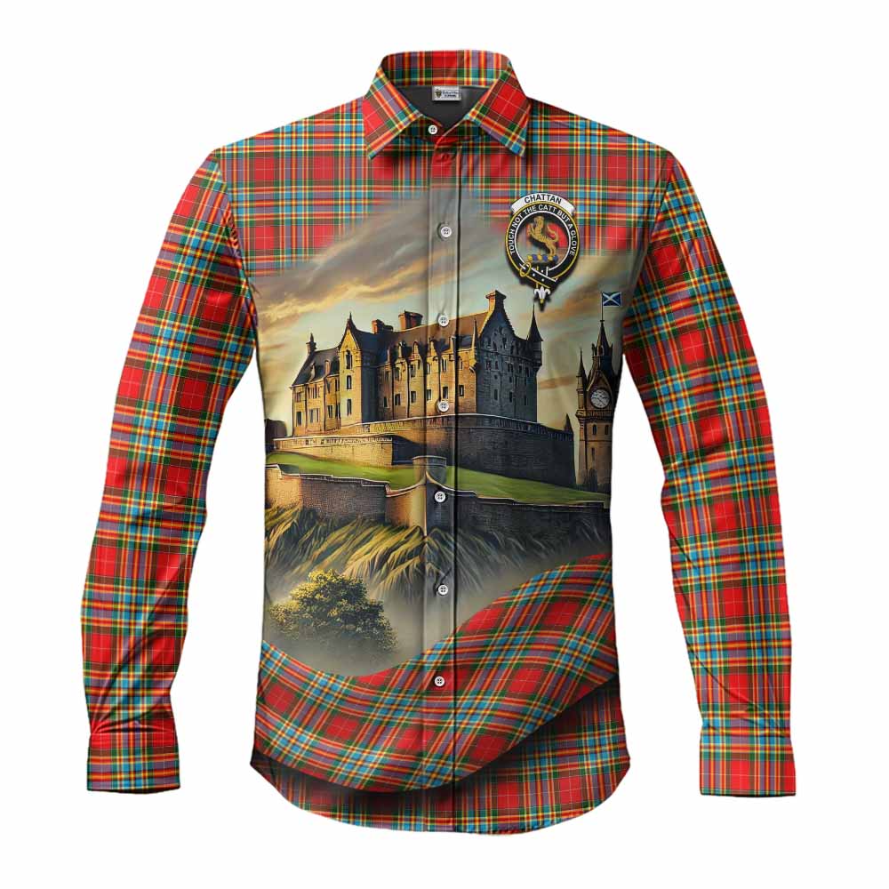 Tartan Vibes Clothing Chattan Tartan Family Crest Long Sleeve Button Shirt with Scottish Ancient Castle Style