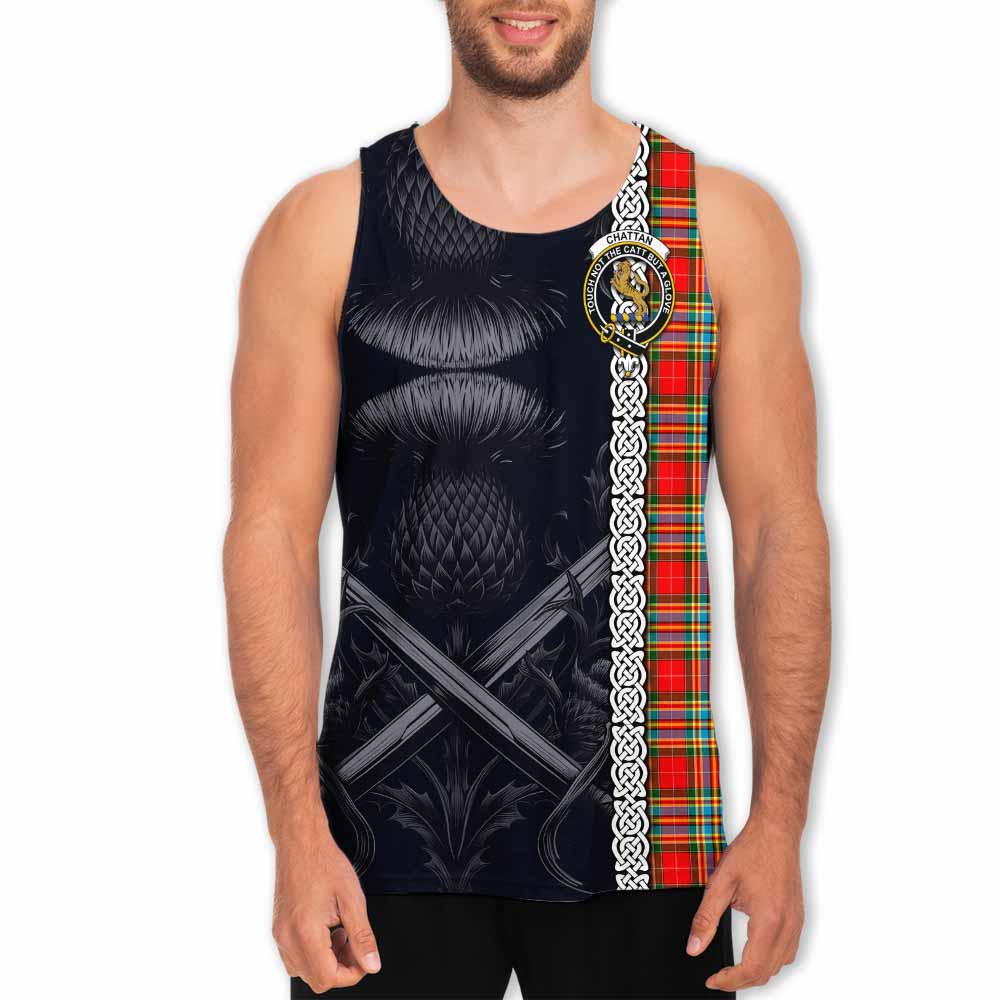 Tartan Vibes Clothing Chattan Tartan Men's Tank Top with Family Crest Cross Sword Thistle Celtic Vibes
