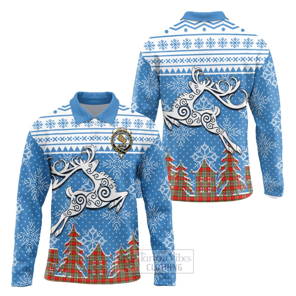 Tartan Vibes Clothing Chattan Clan Christmas Long Sleeve Polo Shirt Celtic Reindeer Style