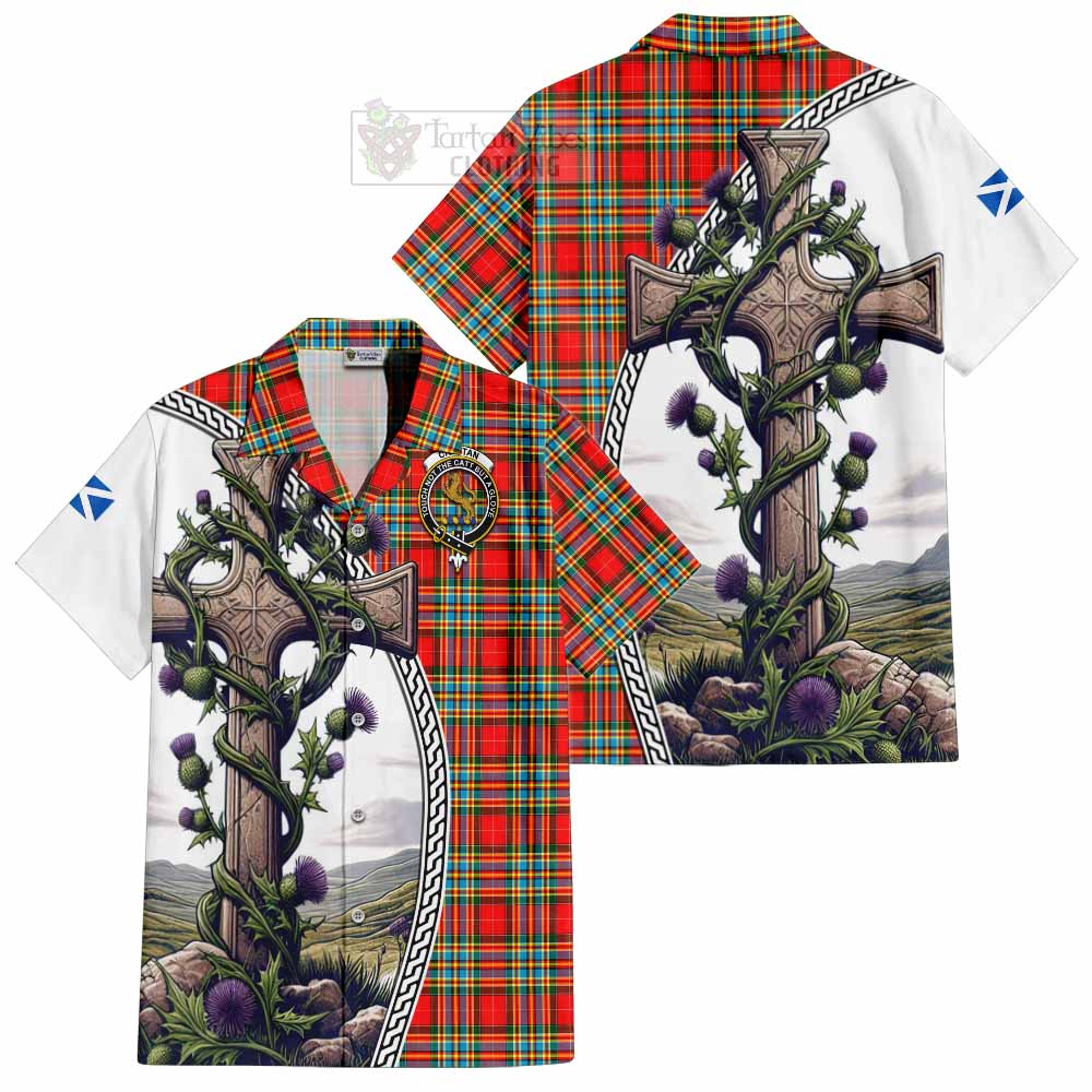 Tartan Vibes Clothing Chattan Tartan Short Sleeve Button Shirt with Family Crest and St. Andrew's Cross Accented by Thistle Vines