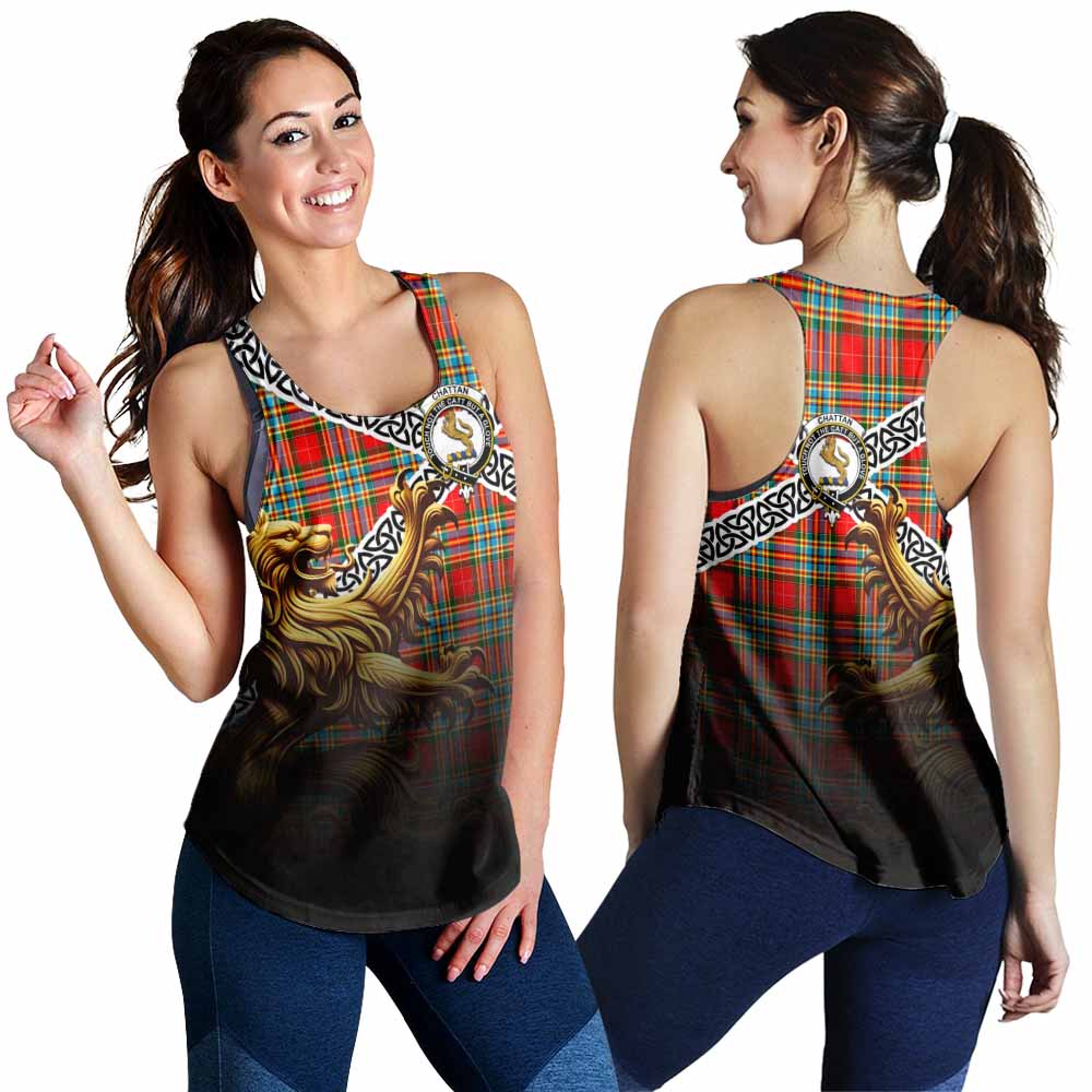 Tartan Vibes Clothing Chattan Crest Tartan Women's Racerback Tanks with Golden Lion Emblem Celtic Style