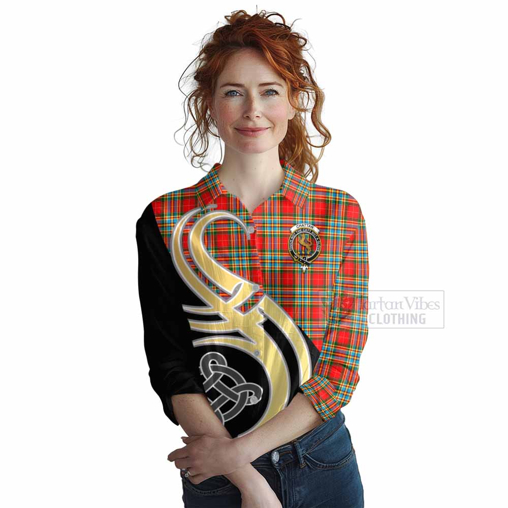Tartan Vibes Clothing Chattan Tartan Women's Casual Shirt with Family Crest and Celtic Symbol Style