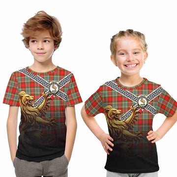 Tartan Vibes Clothing Chattan Crest Tartan Kid T-Shirt with Golden Lion Emblem Celtic Style