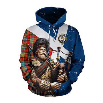 Tartan Vibes Clothing Chattan Tartan Cotton Hoodie with Family Crest Scottish Bagpiper Vibes