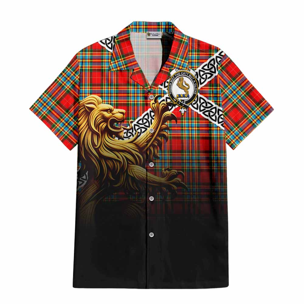 Tartan Vibes Clothing Chattan Crest Tartan Short Sleeve Button Shirt with Golden Lion Emblem Celtic Style