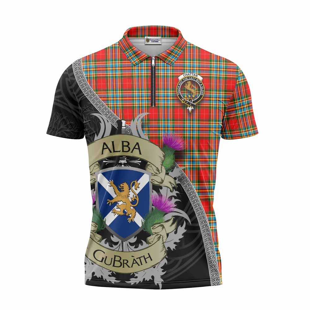 Tartan Vibes Clothing Chattan Tartan Family Crest Zipper Polo Shirt Lion Rampant Royal Thistle Shield Celtic Inspired