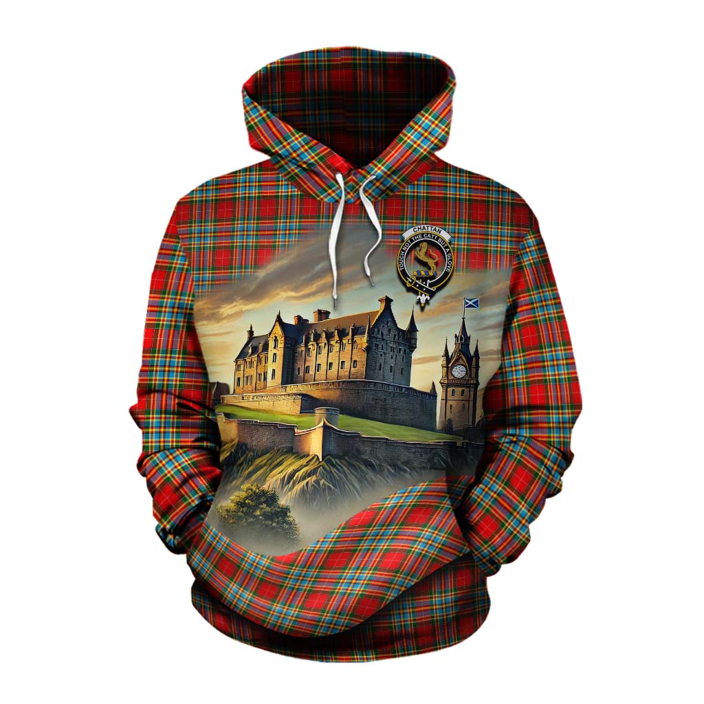 Tartan Vibes Clothing Chattan Tartan Family Crest Cotton Hoodie with Scottish Ancient Castle Style