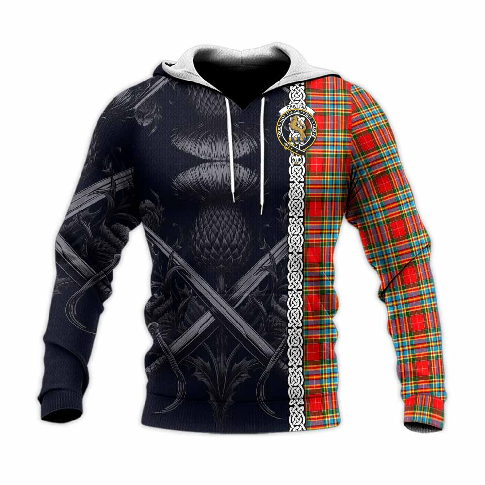 Tartan Vibes Clothing Chattan Tartan Knitted Hoodie with Family Crest Cross Sword Thistle Celtic Vibes