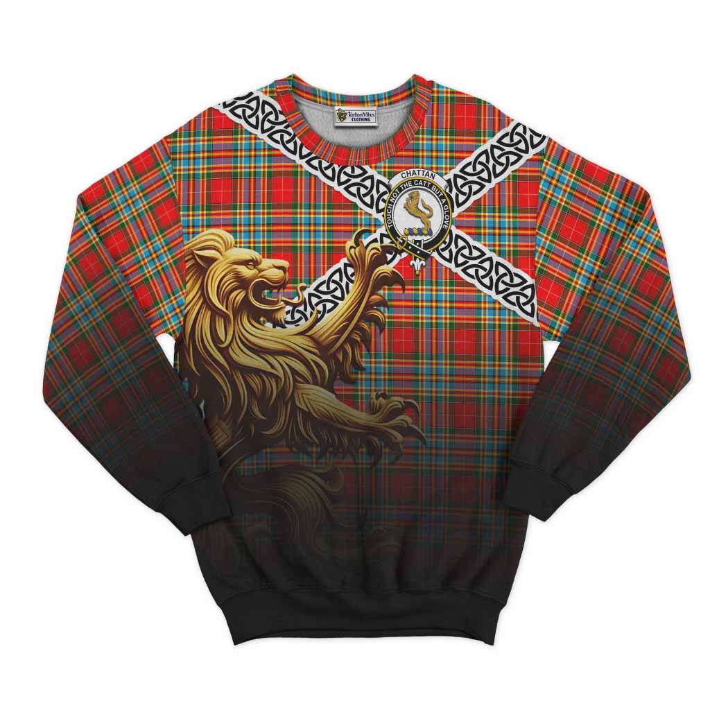 Tartan Vibes Clothing Chattan Crest Tartan Sweatshirt with Golden Lion Emblem Celtic Style