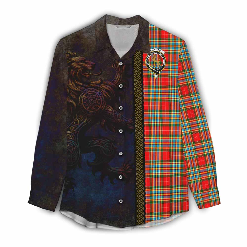 Tartan Vibes Clothing Chattan Tartan Family Crest Women's Casual Shirt Alba Gu Brath Be Brave Lion Ancient Style