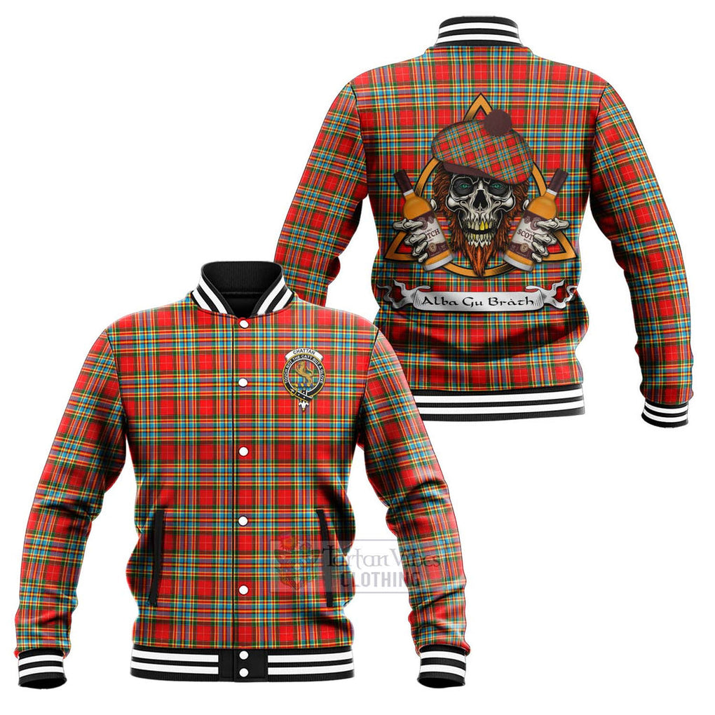 Tartan Vibes Clothing Chattan Tartan Baseball Jacket with Family Crest and Bearded Skull Holding Bottles of Whiskey