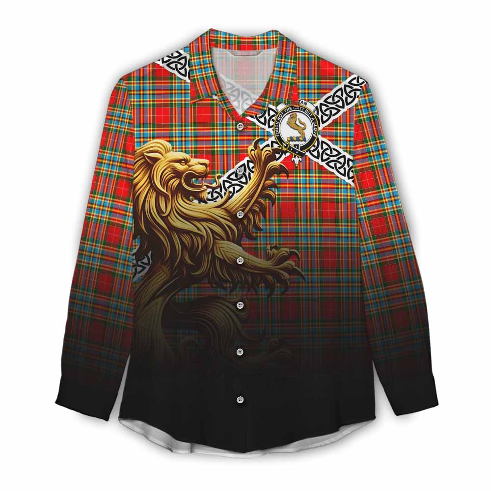 Tartan Vibes Clothing Chattan Crest Tartan Women's Casual Shirt with Golden Lion Emblem Celtic Style