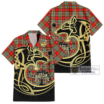 Chattan Tartan Short Sleeve Button Shirt with Family Crest Celtic Wolf Style Kid - Tartan Vibes Clothing