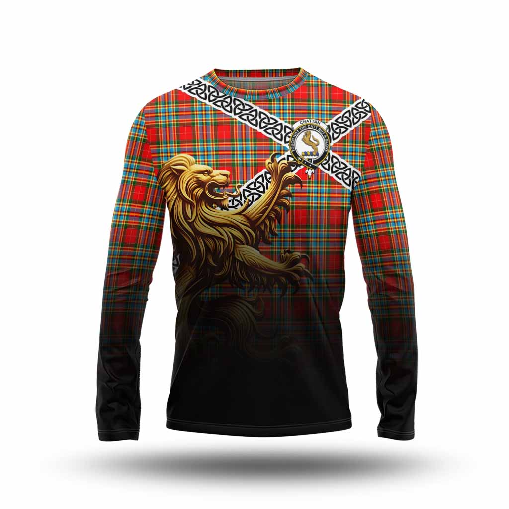 Tartan Vibes Clothing Chattan Crest Tartan Long Sleeve T-Shirt with Golden Lion Emblem Celtic Style