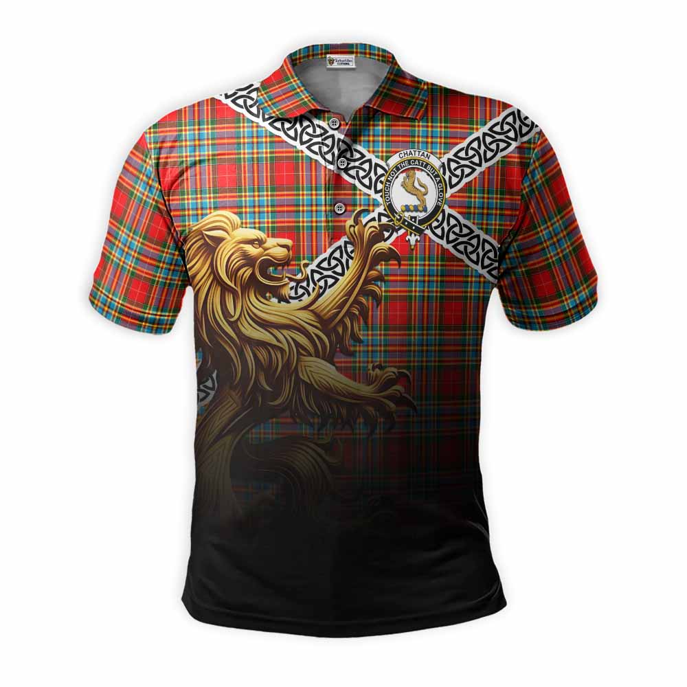 Tartan Vibes Clothing Chattan Crest Tartan Polo Shirt with Golden Lion Emblem Celtic Style