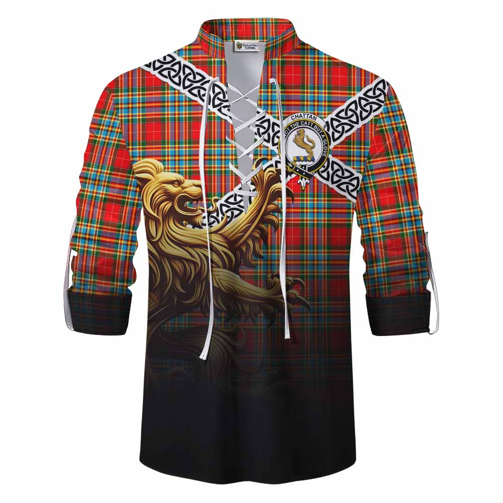 Tartan Vibes Clothing Chattan Crest Tartan Ghillie Kilt Shirt with Golden Lion Emblem Celtic Style