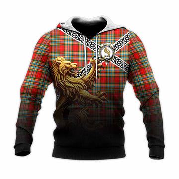 Chattan Crest Tartan Knitted Hoodie with Golden Lion Emblem Celtic Style