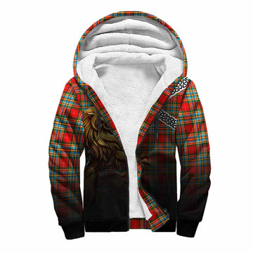 Chattan Crest Tartan Sherpa Hoodie with Golden Lion Emblem Celtic Style