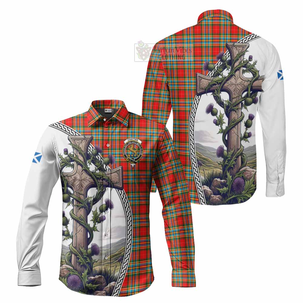 Tartan Vibes Clothing Chattan Tartan Long Sleeve Button Shirt with Family Crest and St. Andrew's Cross Accented by Thistle Vines