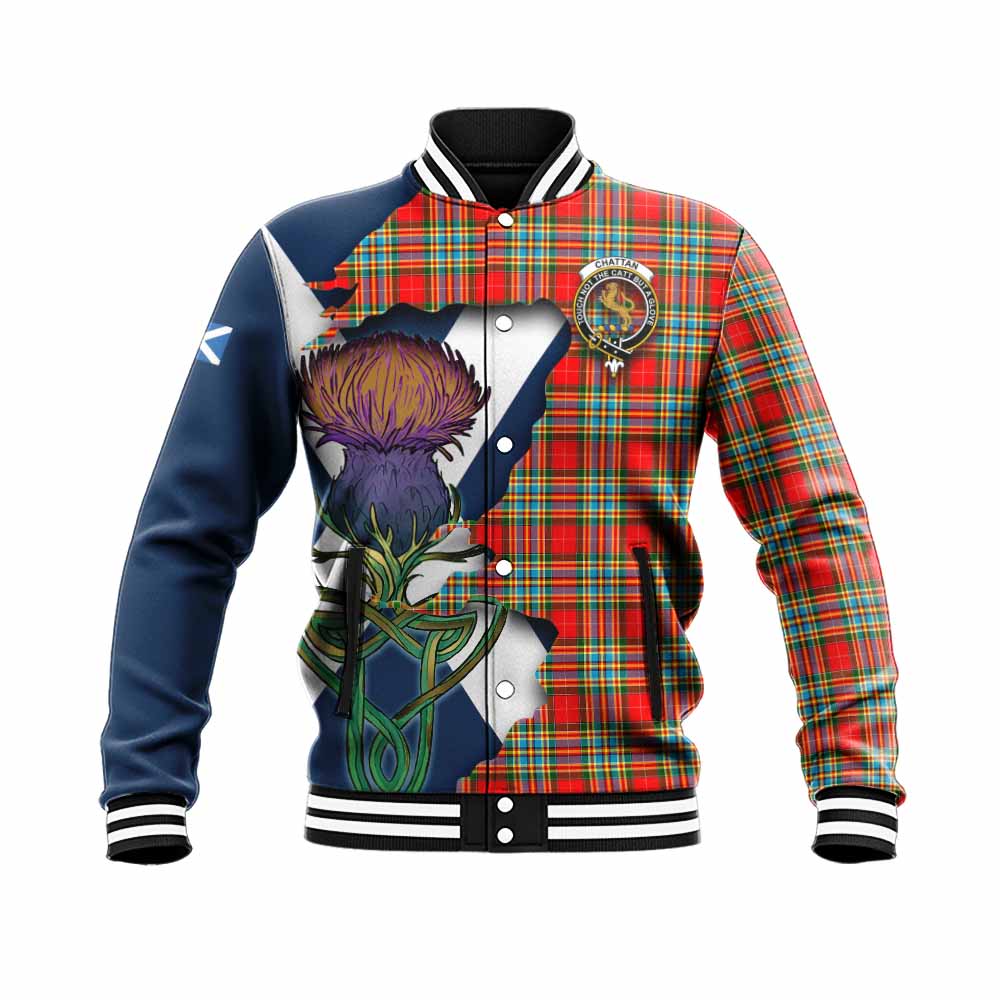 Tartan Vibes Clothing Chattan Tartan Family Crest Baseball Jacket Scottish Thistle Celtic Inspired