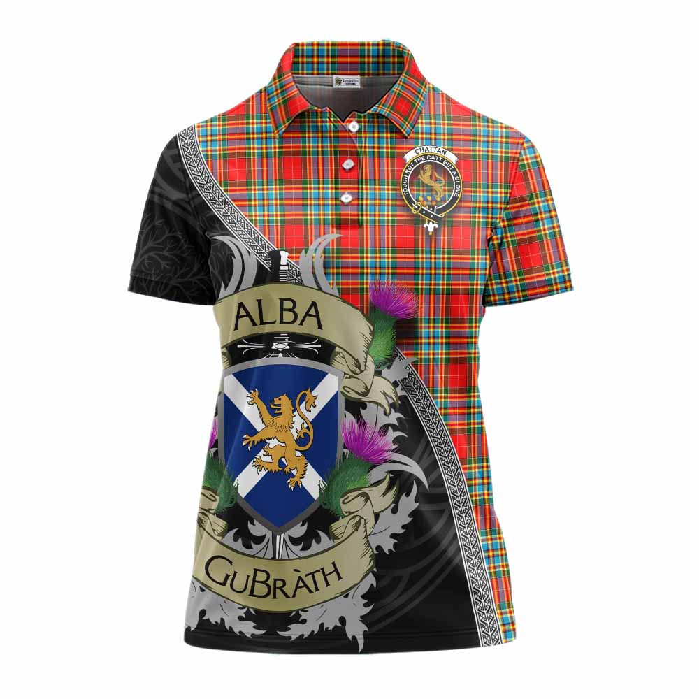Tartan Vibes Clothing Chattan Tartan Family Crest Women's Polo Shirt Lion Rampant Royal Thistle Shield Celtic Inspired