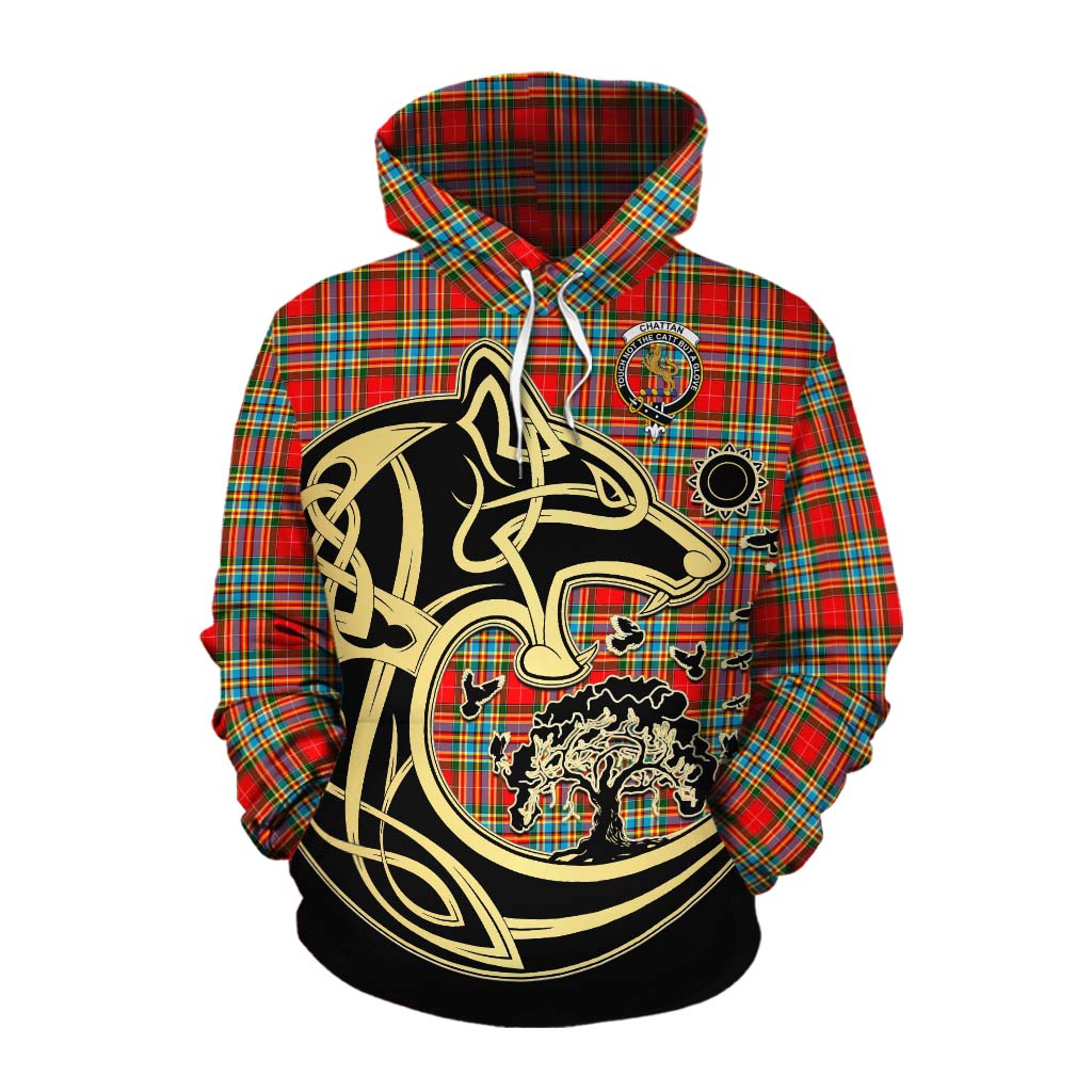Tartan Vibes Clothing Chattan Tartan Cotton Hoodie with Family Crest Celtic Wolf Style