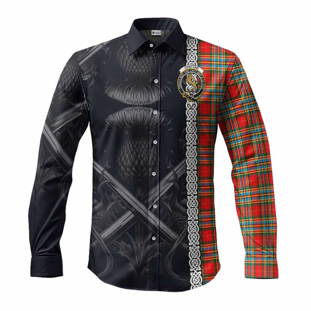 Tartan Vibes Clothing Chattan Tartan Long Sleeve Button Shirt with Family Crest Cross Sword Thistle Celtic Vibes