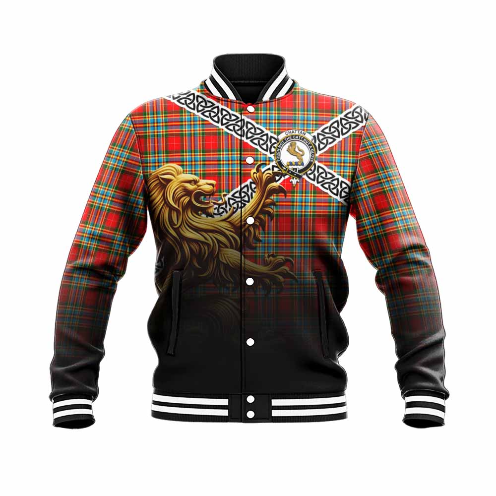 Tartan Vibes Clothing Chattan Crest Tartan Baseball Jacket with Golden Lion Emblem Celtic Style