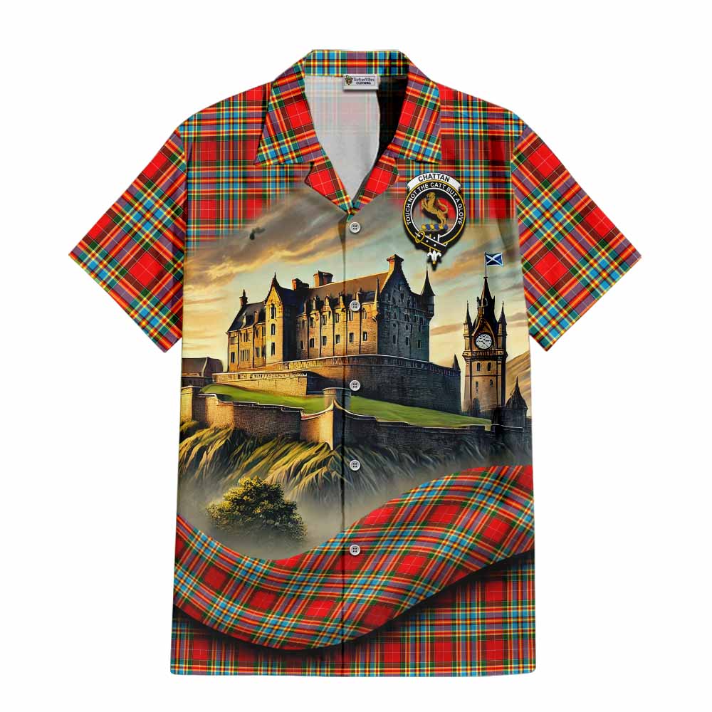 Tartan Vibes Clothing Chattan Tartan Family Crest Short Sleeve Button Shirt with Scottish Ancient Castle Style