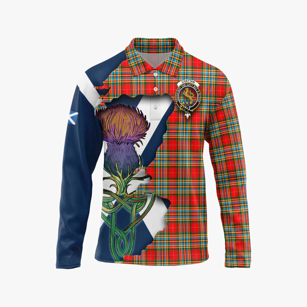Tartan Vibes Clothing Chattan Tartan Family Crest Long Sleeve Polo Shirt Scottish Thistle Celtic Inspired