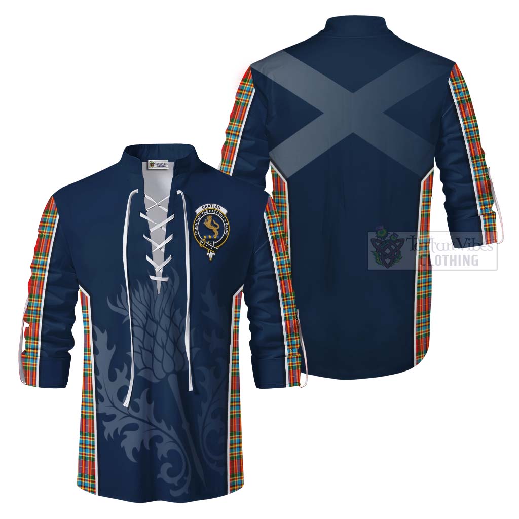 Tartan Vibes Clothing Chattan Tartan Ghillie Kilt Shirt with Family Crest and Scottish Thistle Vibes Sport Style