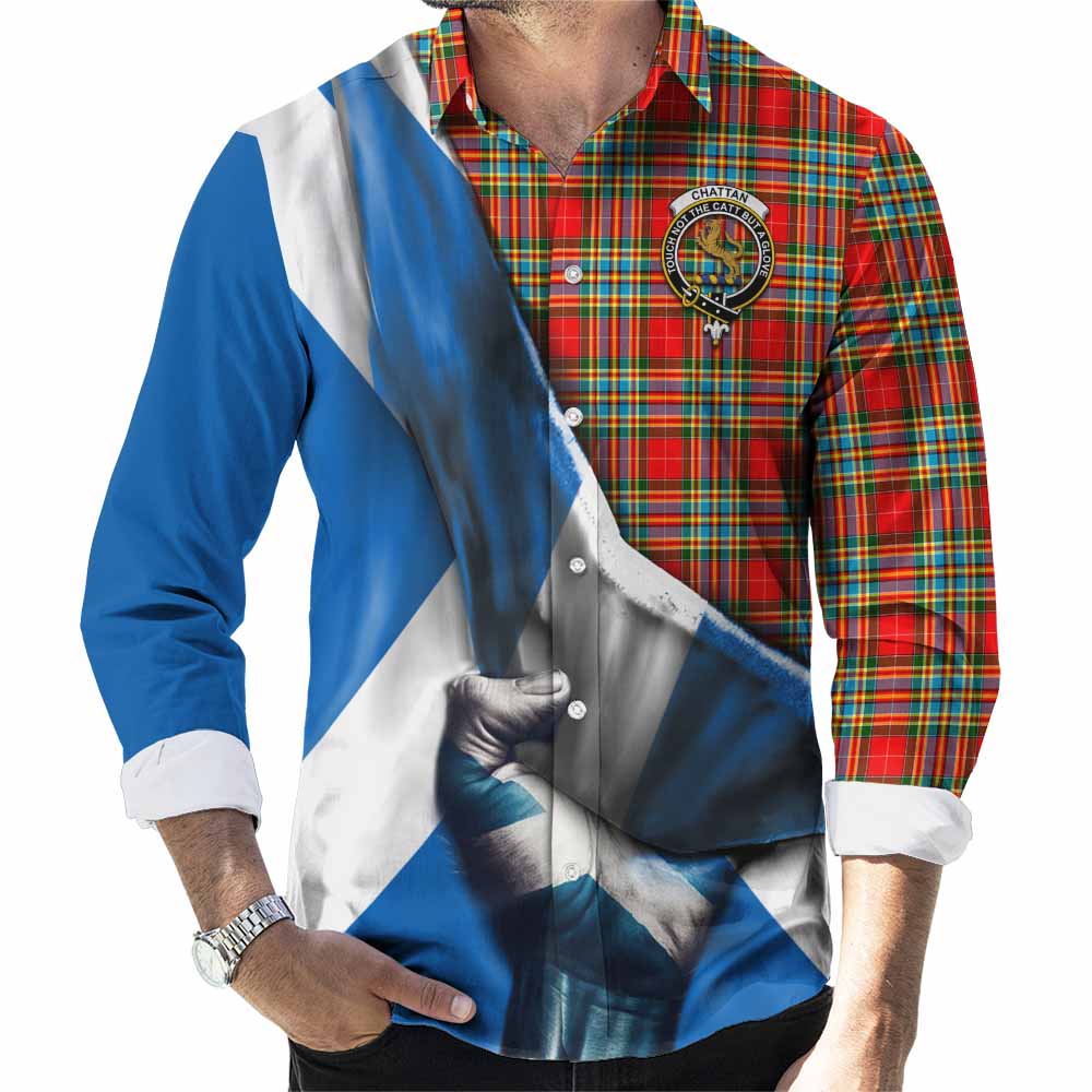 Tartan Vibes Clothing Chattan Tartan Long Sleeve Button Shirt with Family Crest Scotland Patriotic Style