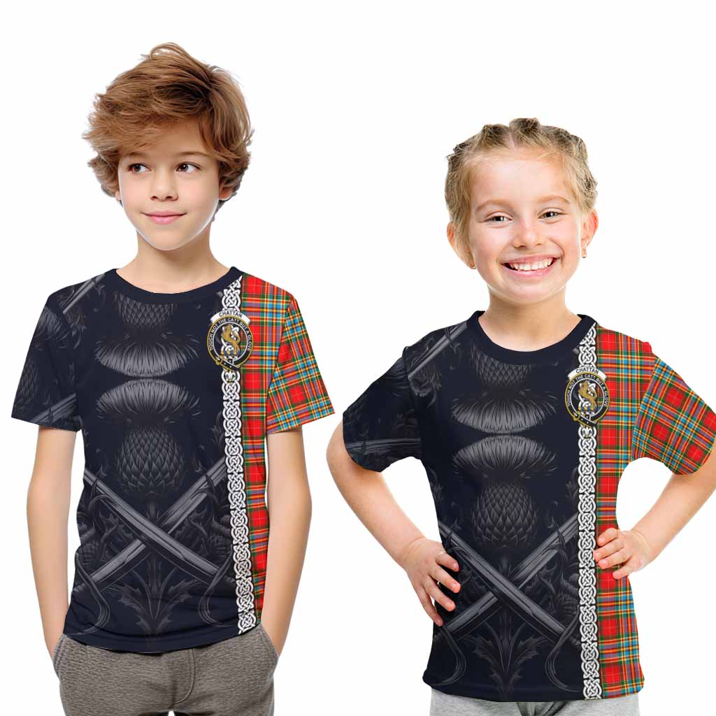 Tartan Vibes Clothing Chattan Tartan Kid T-Shirt with Family Crest Cross Sword Thistle Celtic Vibes