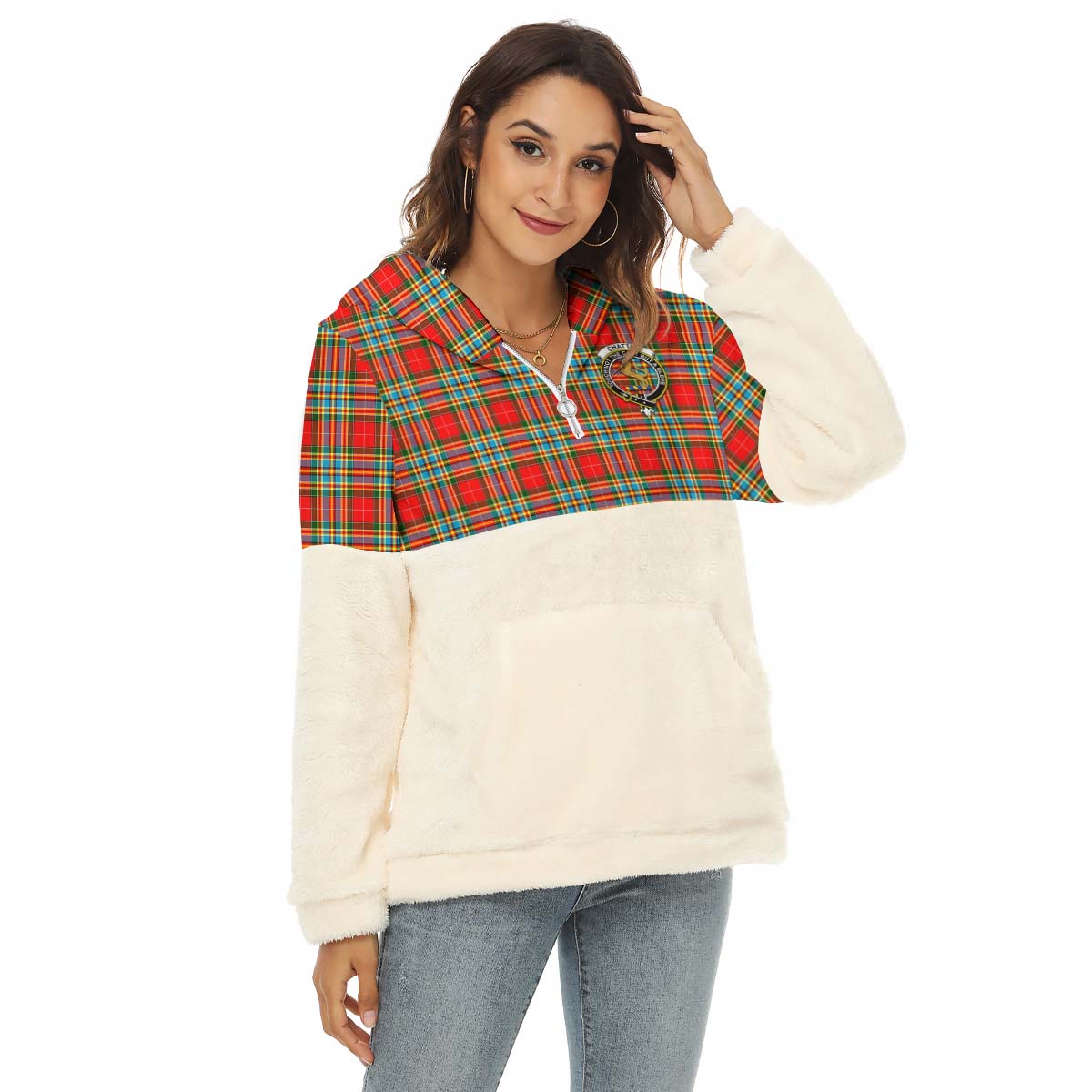 Chattan Tartan Women's Borg Fleece Hoodie With Half Zip with Family Crest Female - Tartan Vibes Clothing