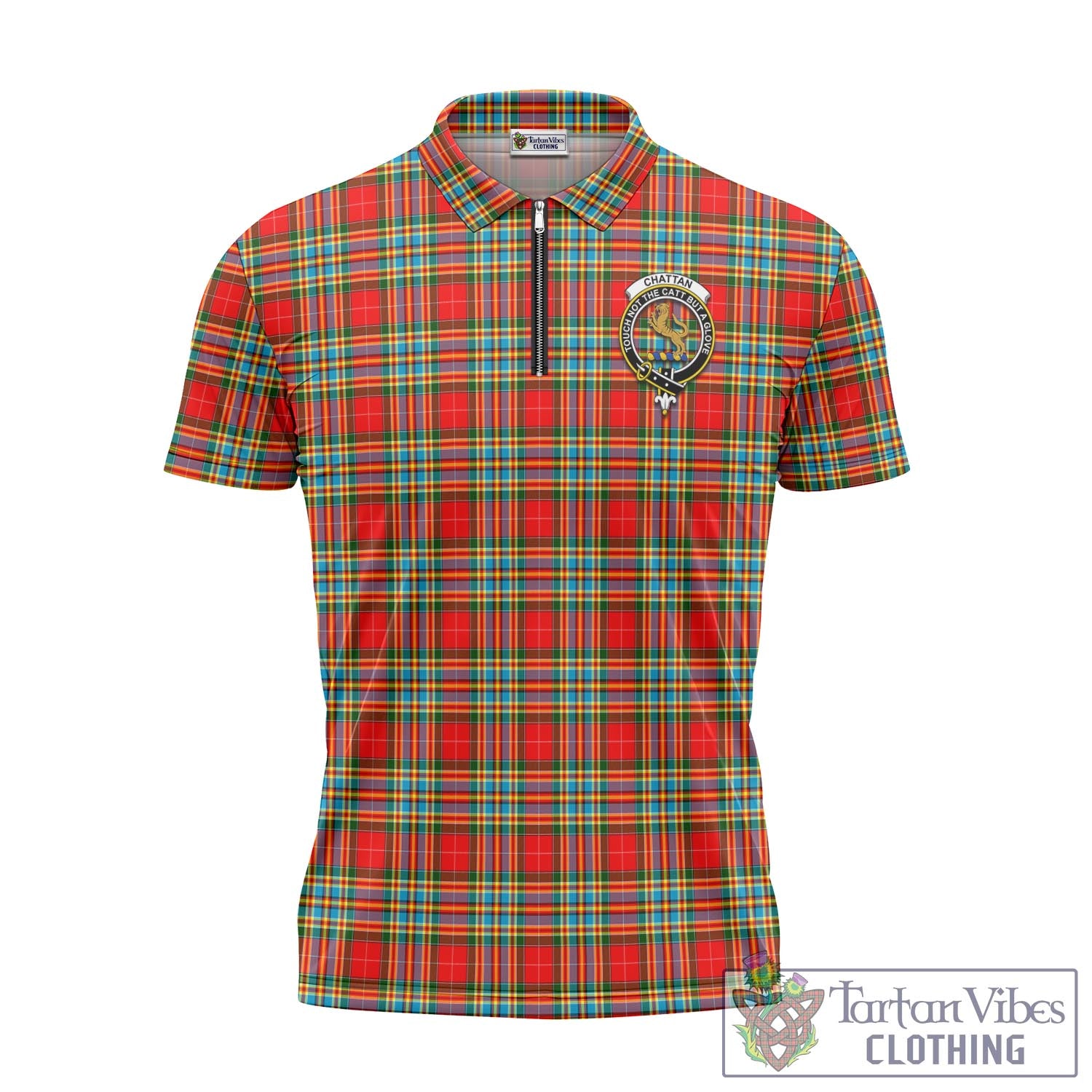 Tartan Vibes Clothing Chattan Tartan Zipper Polo Shirt with Family Crest