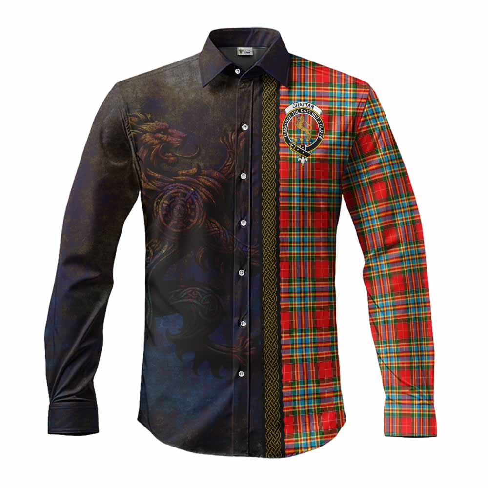 Tartan Vibes Clothing Chattan Tartan Family Crest Long Sleeve Button Shirt Alba Gu Brath Be Brave Lion Ancient Style
