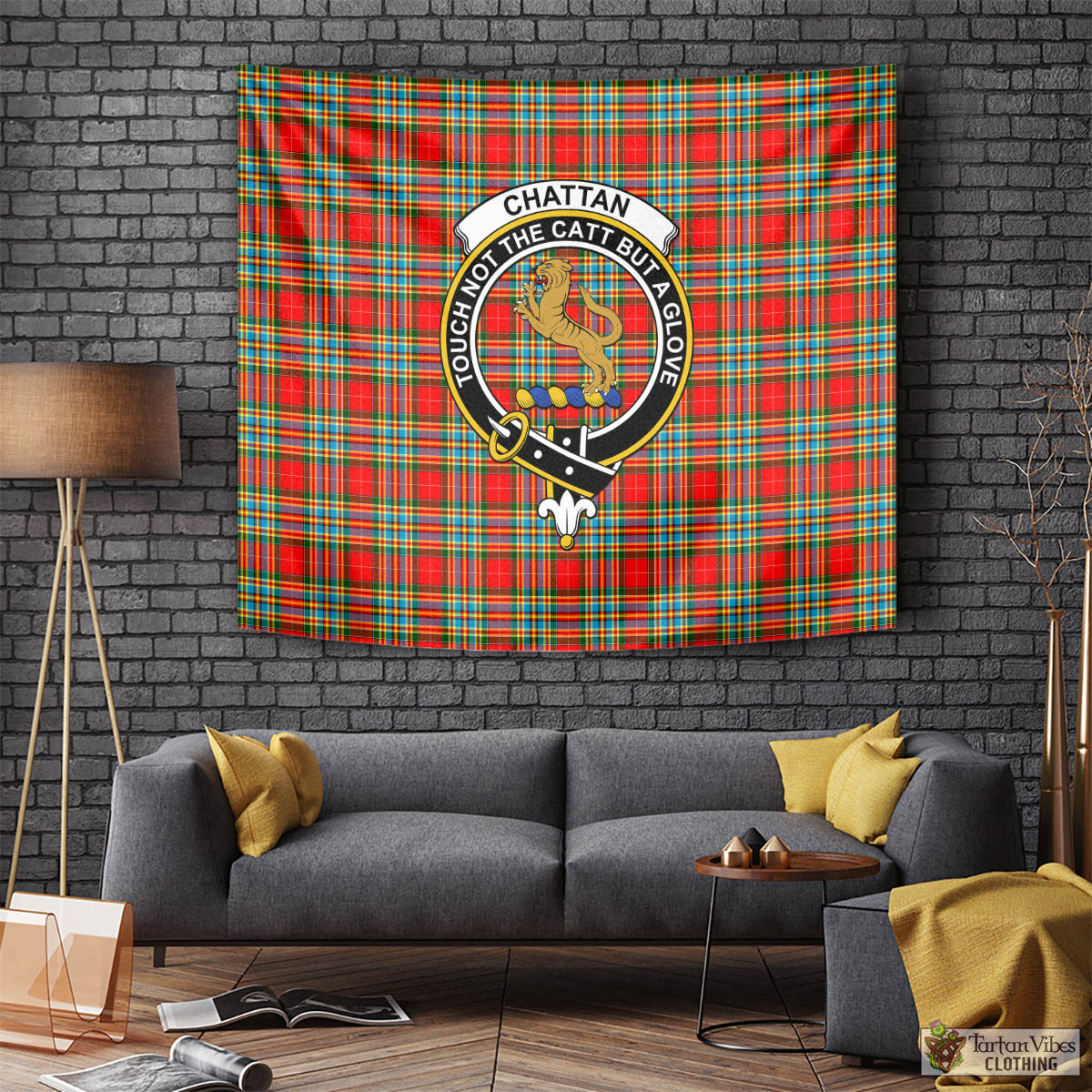 Tartan Vibes Clothing Chattan Tartan Tapestry Wall Hanging and Home Decor for Room with Family Crest