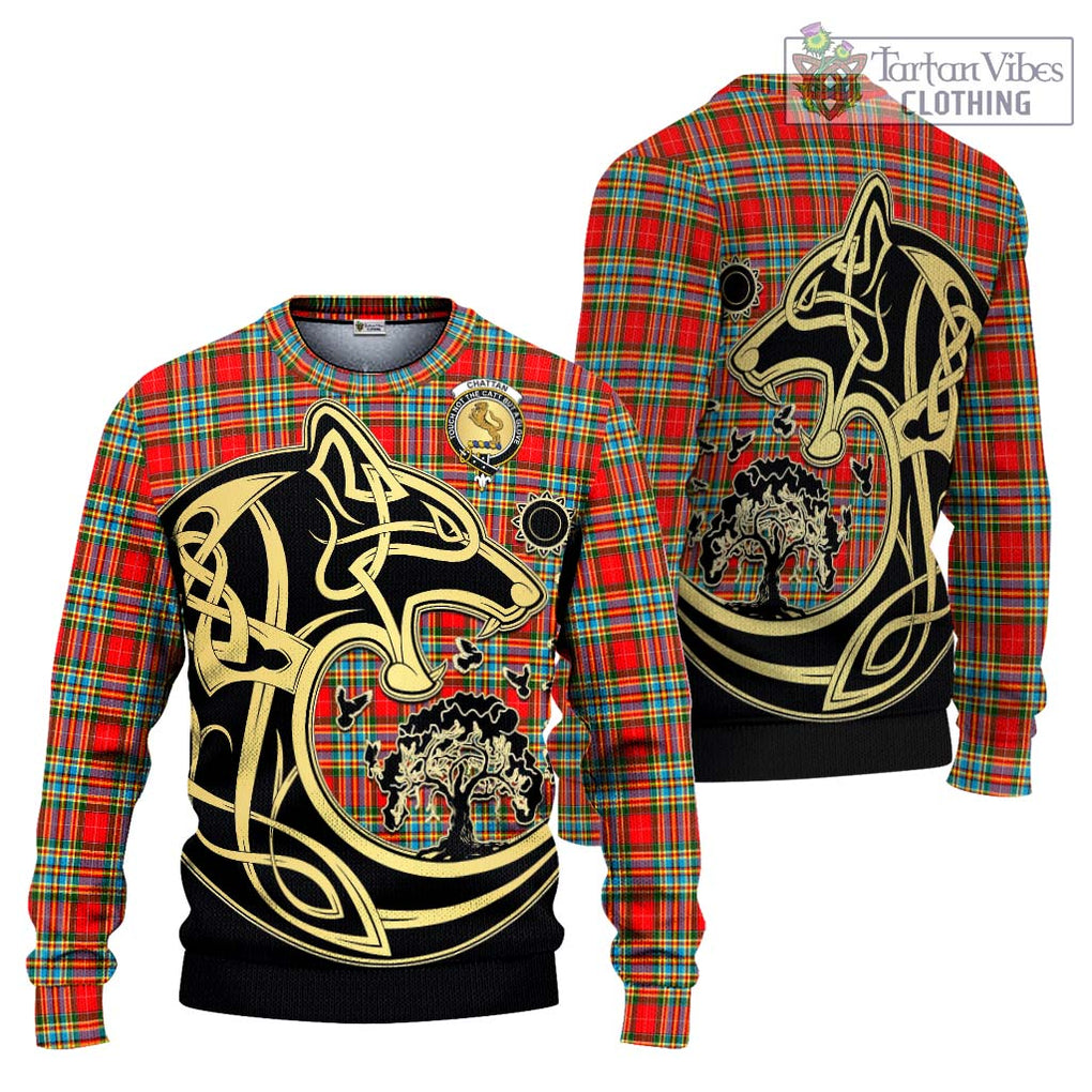 Chattan Tartan Knitted Sweater with Family Crest Celtic Wolf Style Unisex - Tartan Vibes Clothing