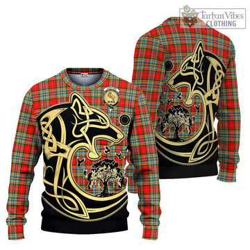 Chattan Tartan Knitted Sweater with Family Crest Celtic Wolf Style Unisex - Tartan Vibes Clothing