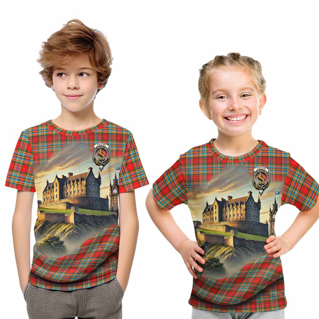 Tartan Vibes Clothing Chattan Tartan Family Crest Kid T-Shirt with Scottish Ancient Castle Style
