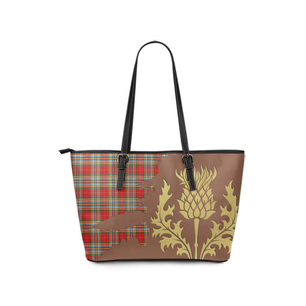 Tartan Vibes Clothing Chattan Tartan Leather Tote Bag Gold Thistle Style